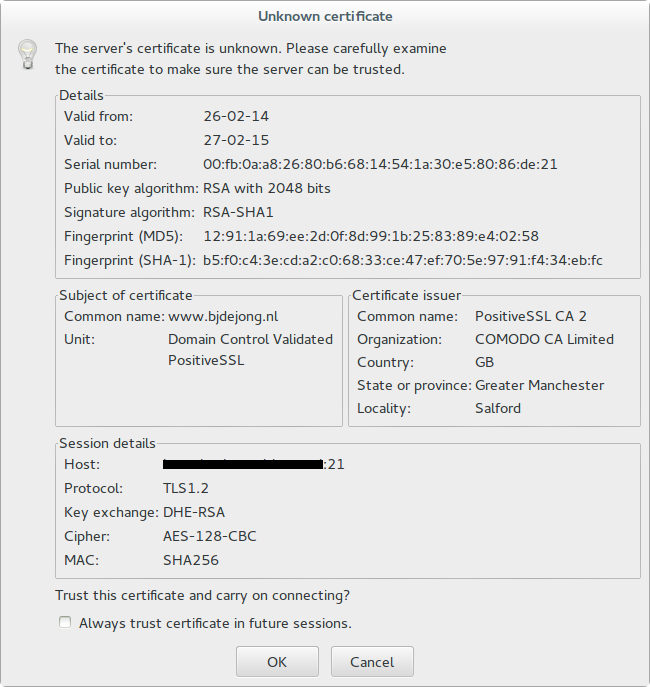FileZilla - Unknown Certificate